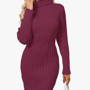 Elegant Ribbed Knit Burgundy Sweater Dress